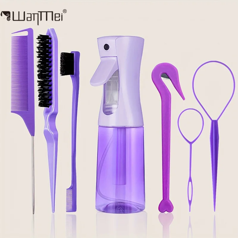 Hair Care Guide - 7点セット プロ用ヘアスタイリングキットツール ヘアブラシ、スプレーボトル、ラットテールコーム、ヘアブレイドループ、スタイリングアクセサリー付き