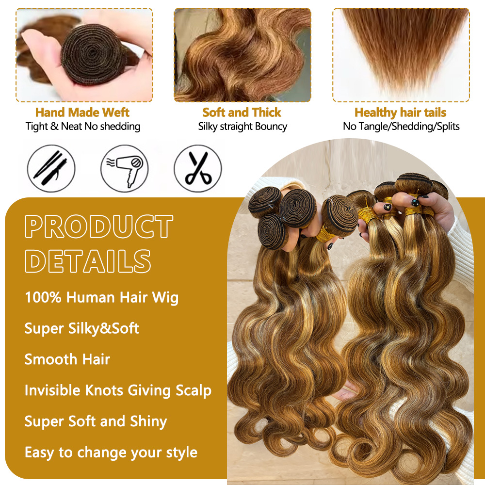 P4‑27 ピアノハイライト ボディウェーブ 人毛束 100 - Hair Care Indian のレビューと価格